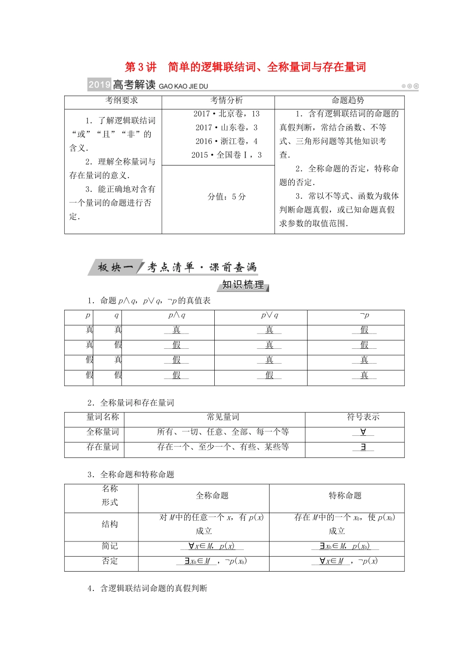 高考数学一轮复习 第一章 集合与常用逻辑用语 第3讲 简单的逻辑联结词、全称量词与存在量词精选教案 理-人教版高三全册数学教案_第1页