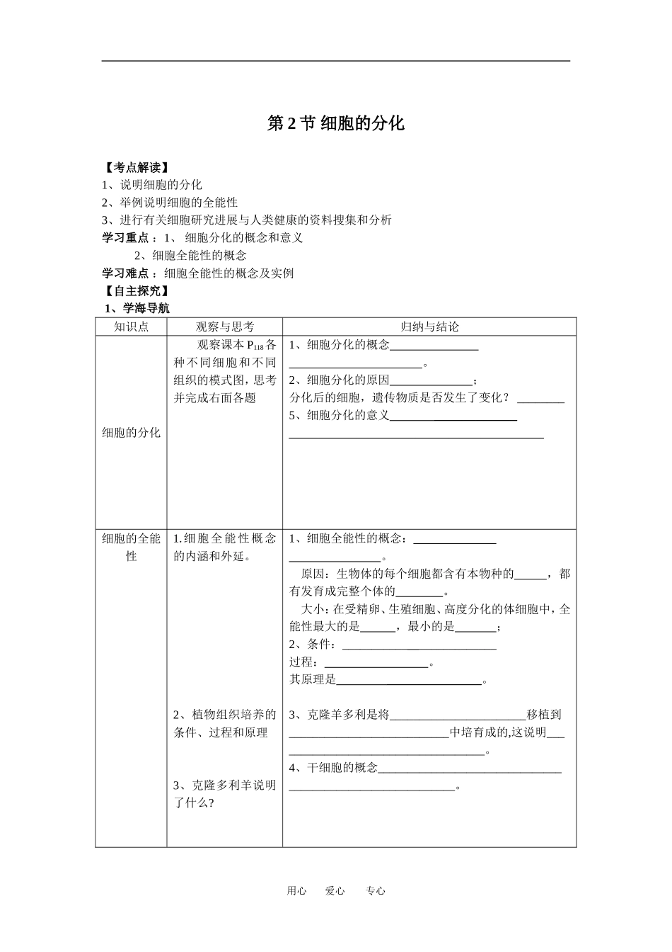 （新人教版必修1）生物：6.2《细胞的分化》学案_第1页