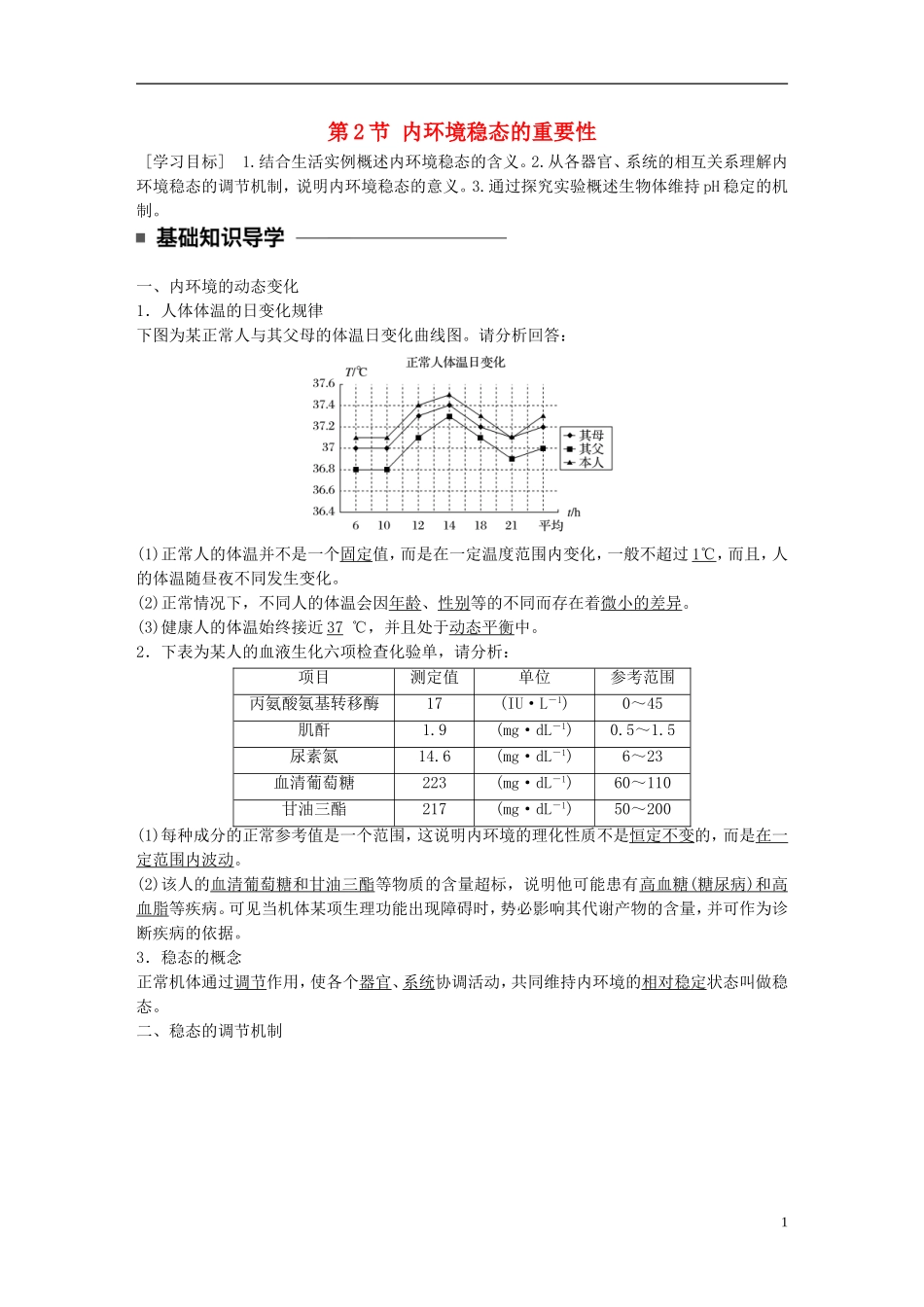 高中生物 第1章 人体的内坏境与稳态  第2节 内环境稳态的重要性学案 新人教版必修3-新人教版高一必修3生物学案_第1页