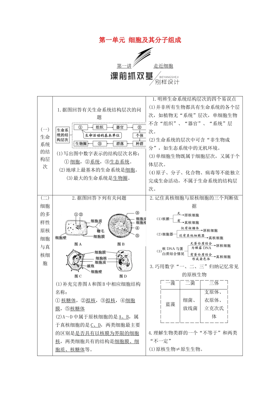 （江苏专版）高考生物一轮复习 第一部分 分子与细胞 第一单元 细胞及其分子组成学案-人教版高三全册生物学案_第1页
