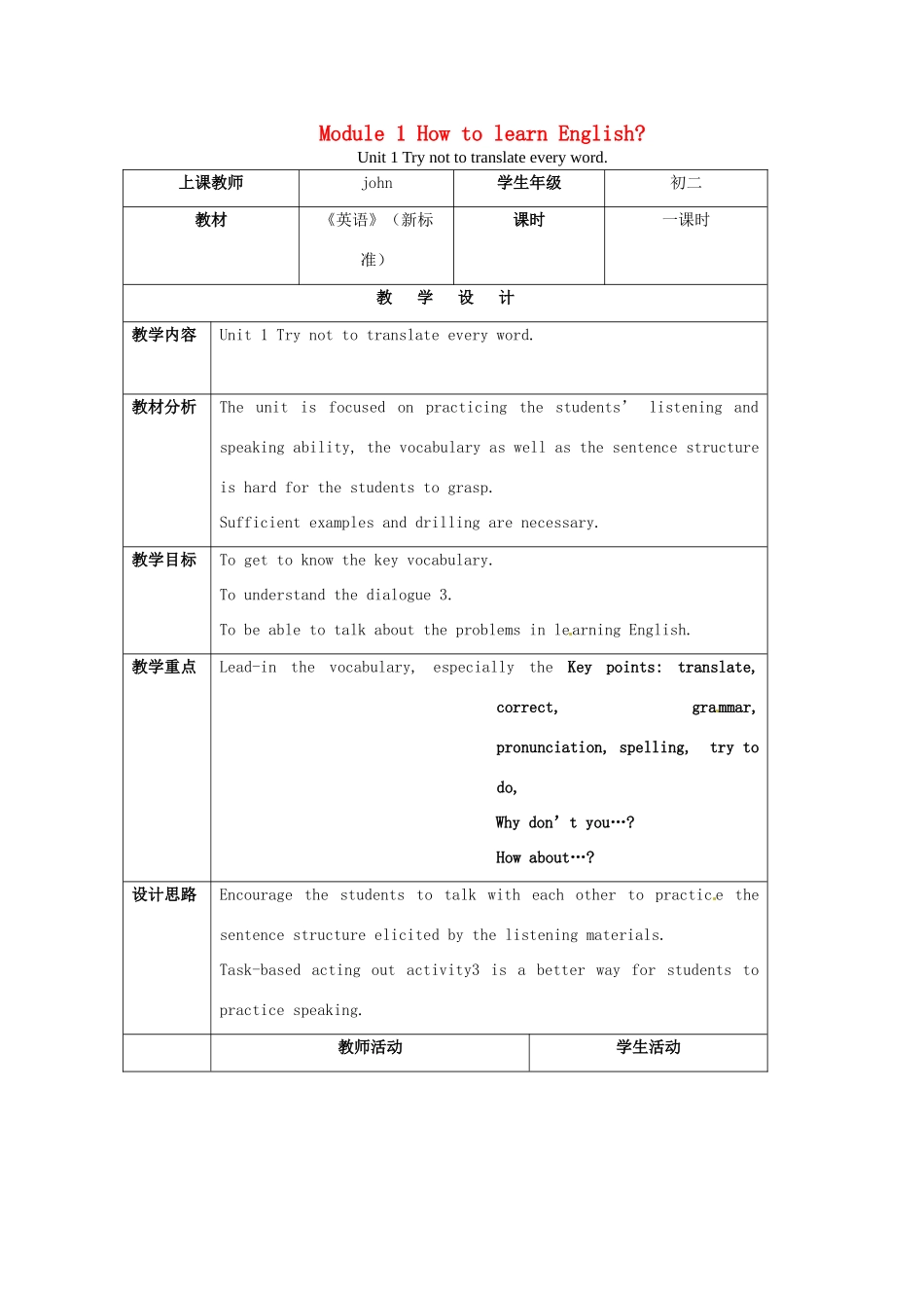 八年级英语上册 Module 1 Unit 1 Try not to translate every word教案 外研版_第1页