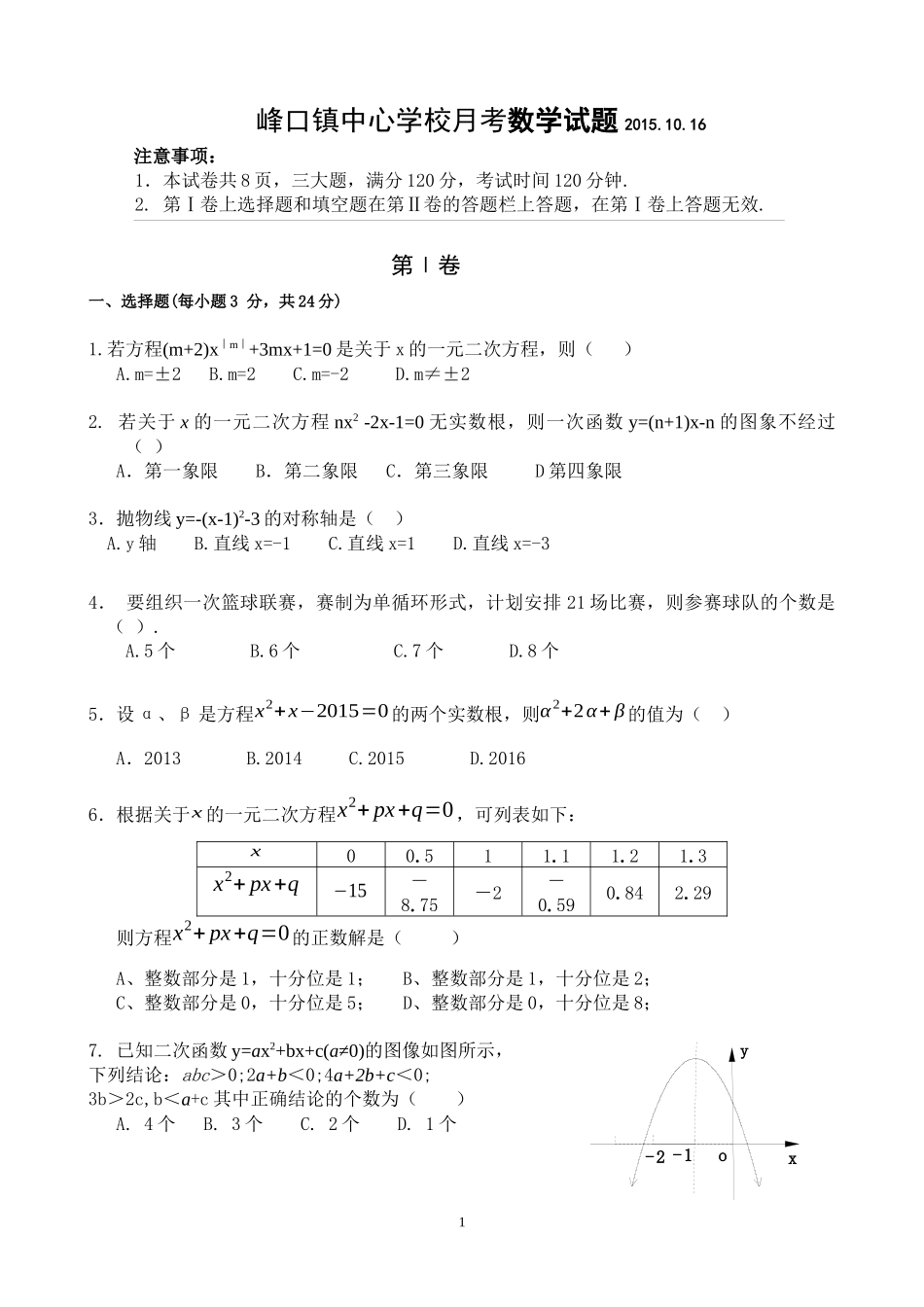 峰口镇中心学校月考数学试题_第1页