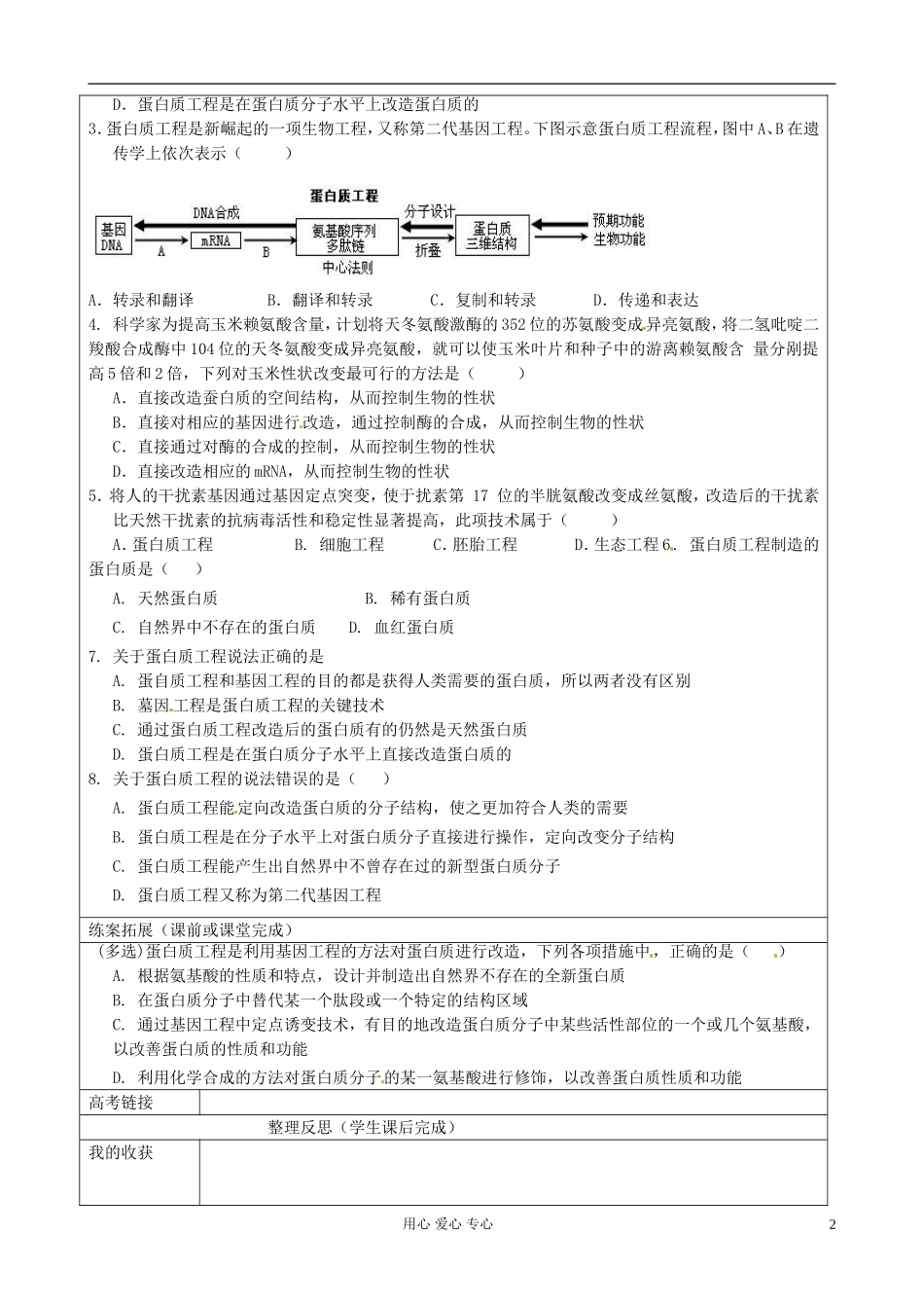【名校联盟】陕西省澄城王庄中学高二生物《蛋白质工程》学案_第2页