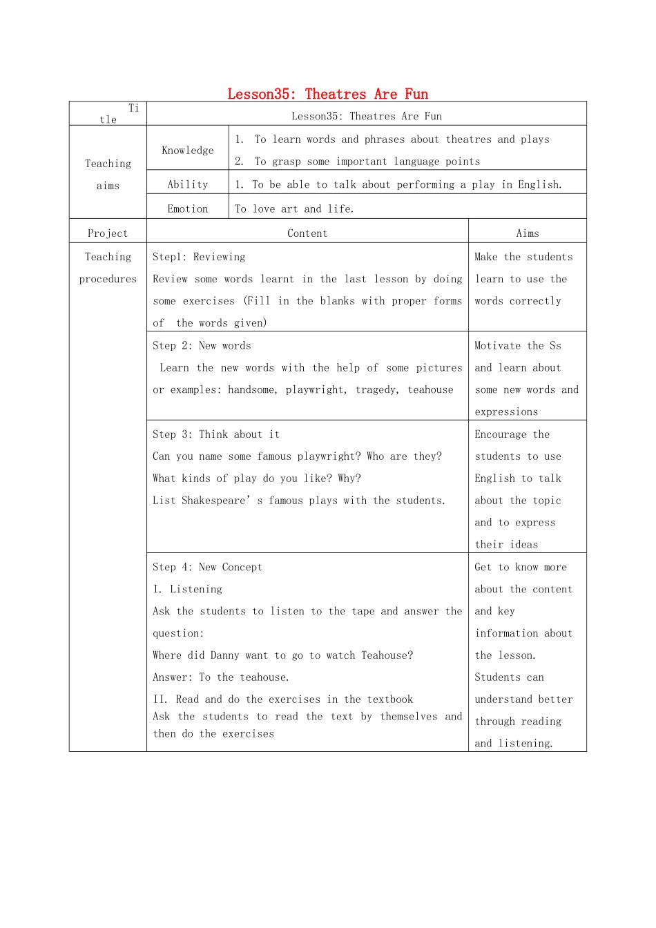 九年级英语上册 Unit 6 Lesson 35 Theatres Are Fun!教学设计 （新版）冀教版_第1页
