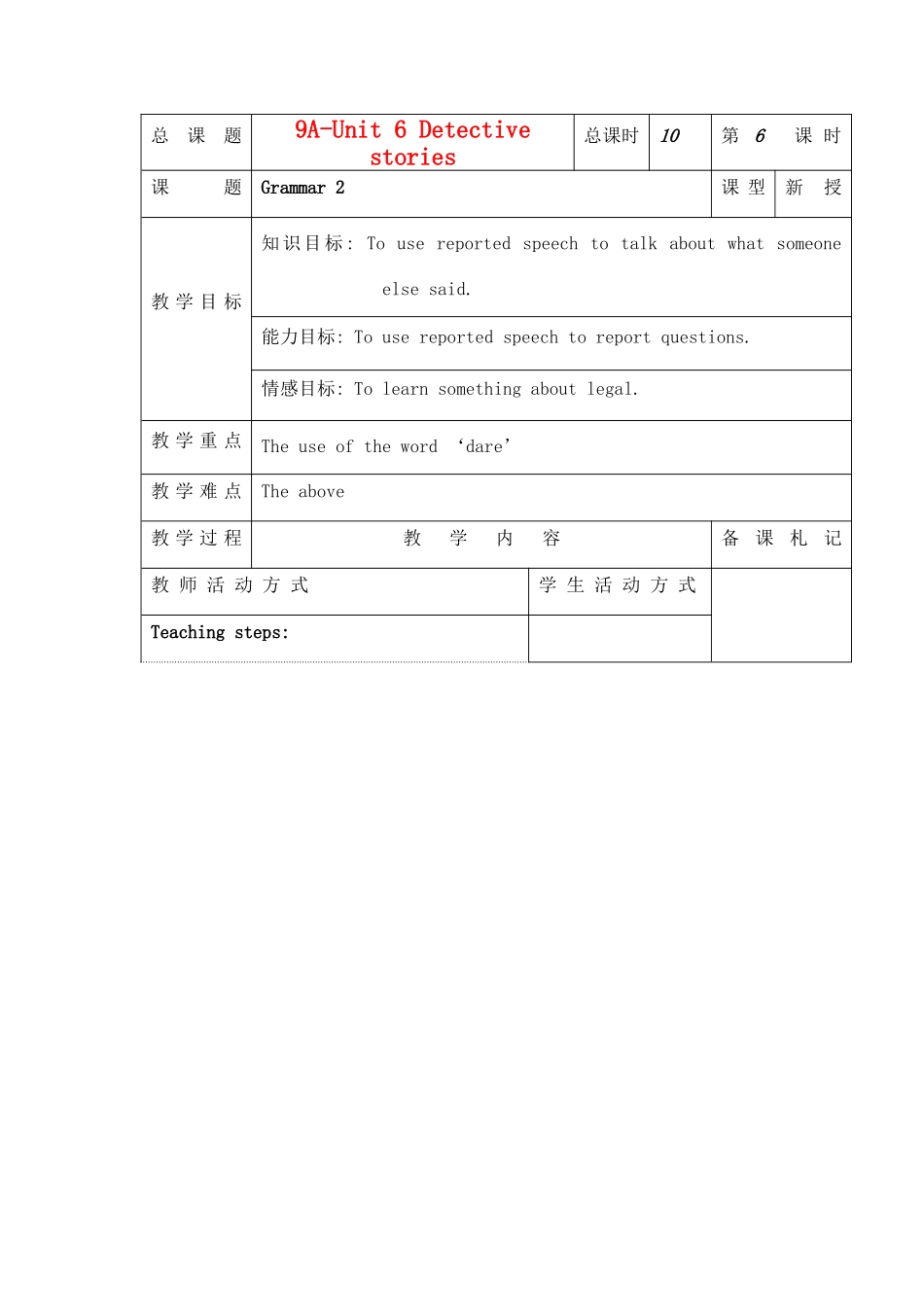 九年级英语上册 Unit6(6-10)教案 牛津版_第1页