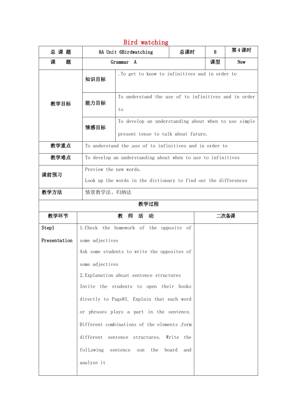 八年级英语上册 Unit 6 Bird watching Grammar A教案 （新版）牛津版-（新版）牛津版初中八年级上册英语教案_第1页