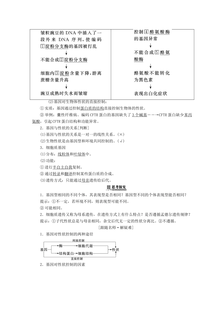 高中生物 第4章 基因的表达 第2节 基因对性状的控制学案 新人教版必修2-新人教版高一必修2生物学案_第3页