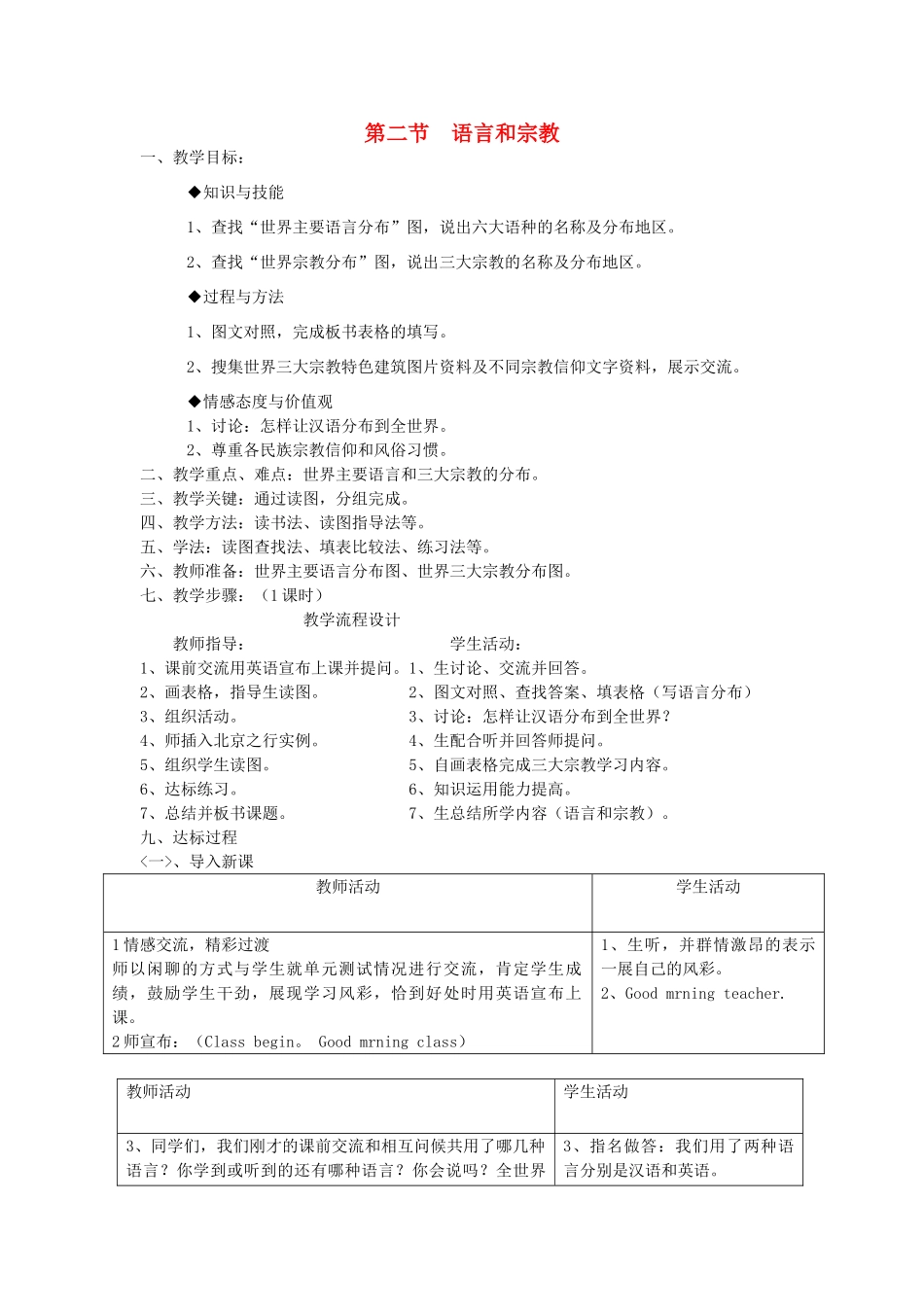 广东省揭阳市揭东县埔田中学2012-2013学年八年级地理上册 第三章 居民与聚落 第二节 语言和宗教教案 中图版_第1页