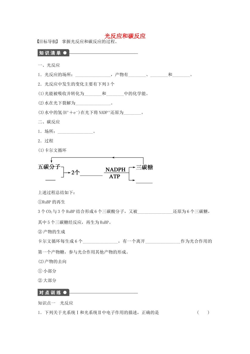 高中生物 第3章 第18课时 光反应和碳反应课时作业 浙科版必修1-浙科版高一必修1生物学案_第1页