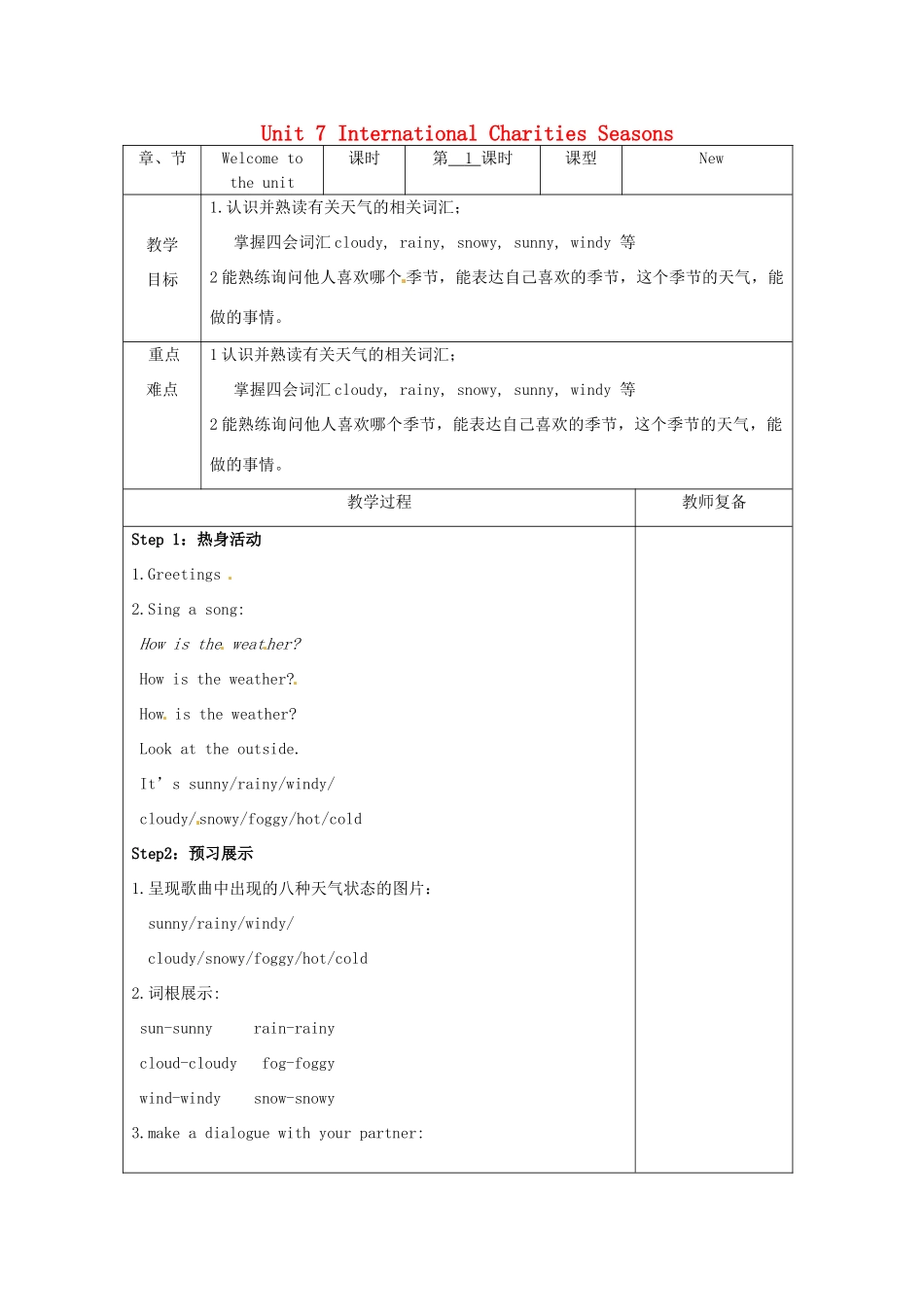 八年级英语下册 Unit 7 International Charities Seasons Welcome to the unit教案 （新版）牛津版-（新版）牛津版初中八年级下册英语教案_第1页