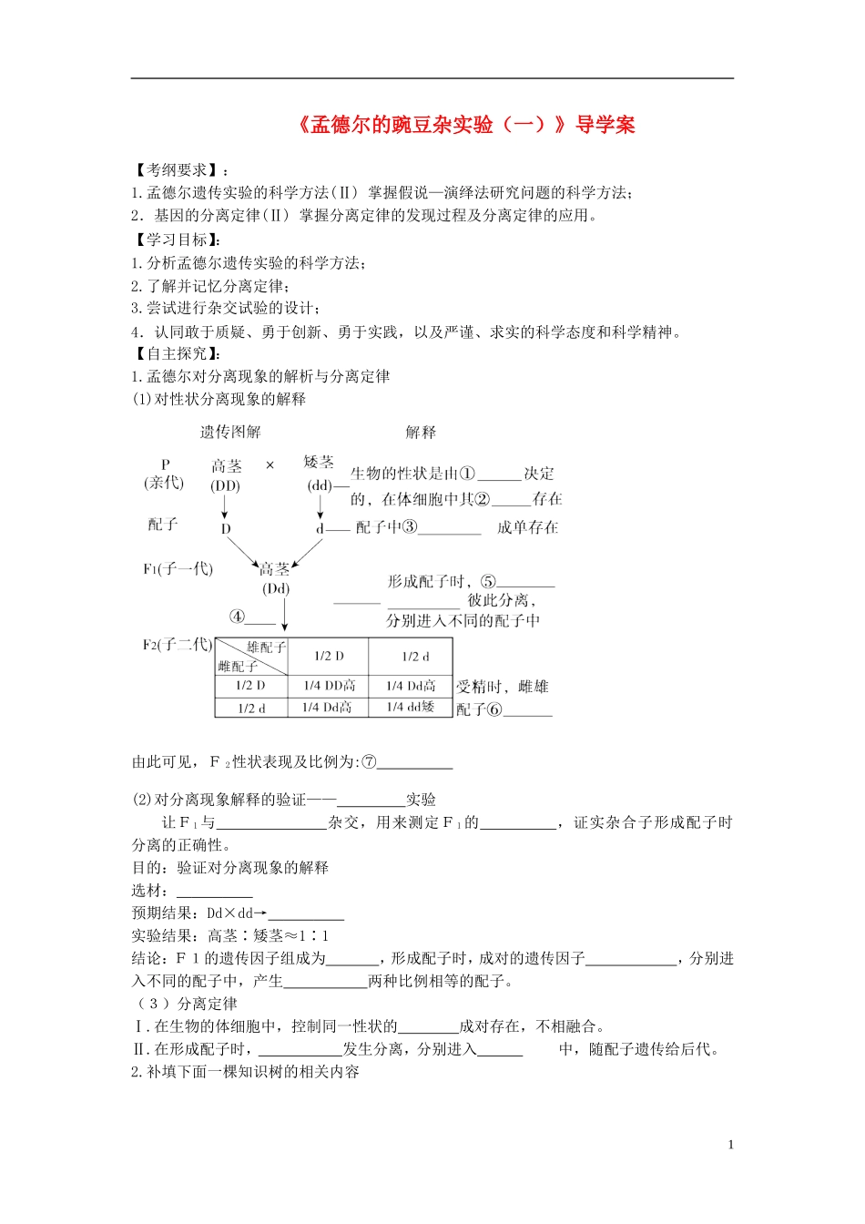 高中生物 《孟德尔的豌豆杂实验（一）》导学案 新人教版_第1页
