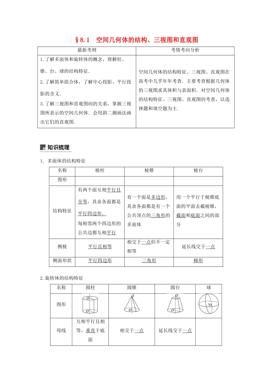 （浙江专用）高考数学新增分大一轮复习 第八章 立体几何与空间向量 8.1 空间几何体的结构、三视图和直观图讲义（含解析）-人教版高三全册数学教案_第1页