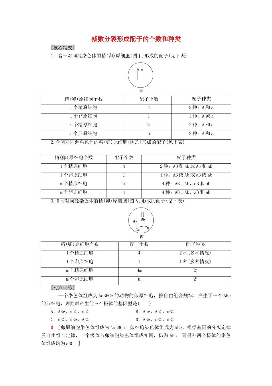 高中生物 第2章 减数分裂和有性生殖 微专题突破 减数分裂形成配子的个数和种类学案 苏教版必修2-苏教版高一必修2生物学案_第1页