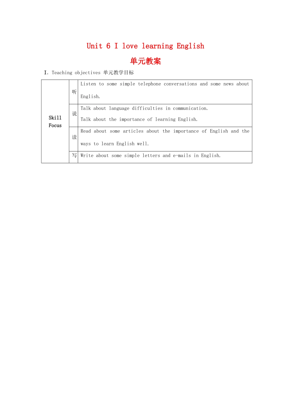 八年级英语上册 Unit 6 I love learning English单元教案 冀教版_第1页