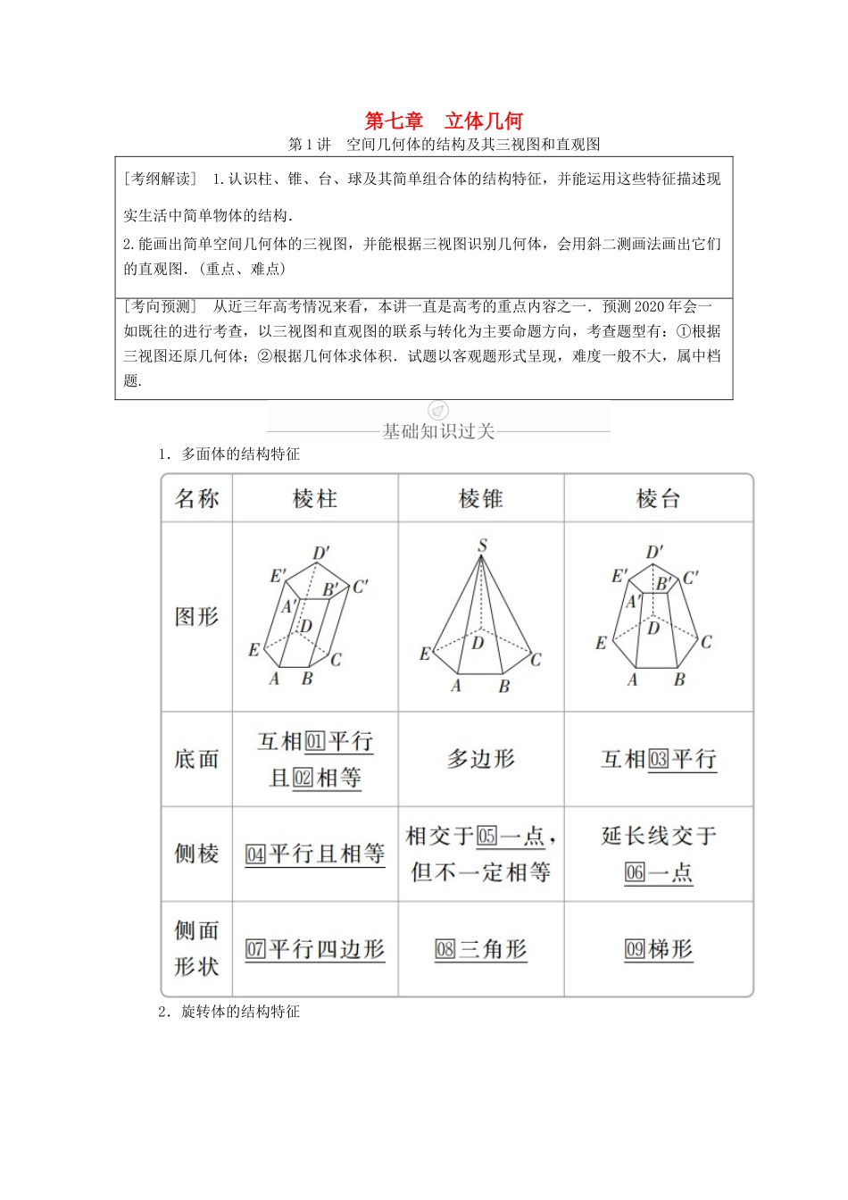 高考数学一轮复习 第7章 立体几何 第1讲 空间几何体的结构及其三视图和直观图讲义 理（含解析）-人教版高三全册数学教案_第1页