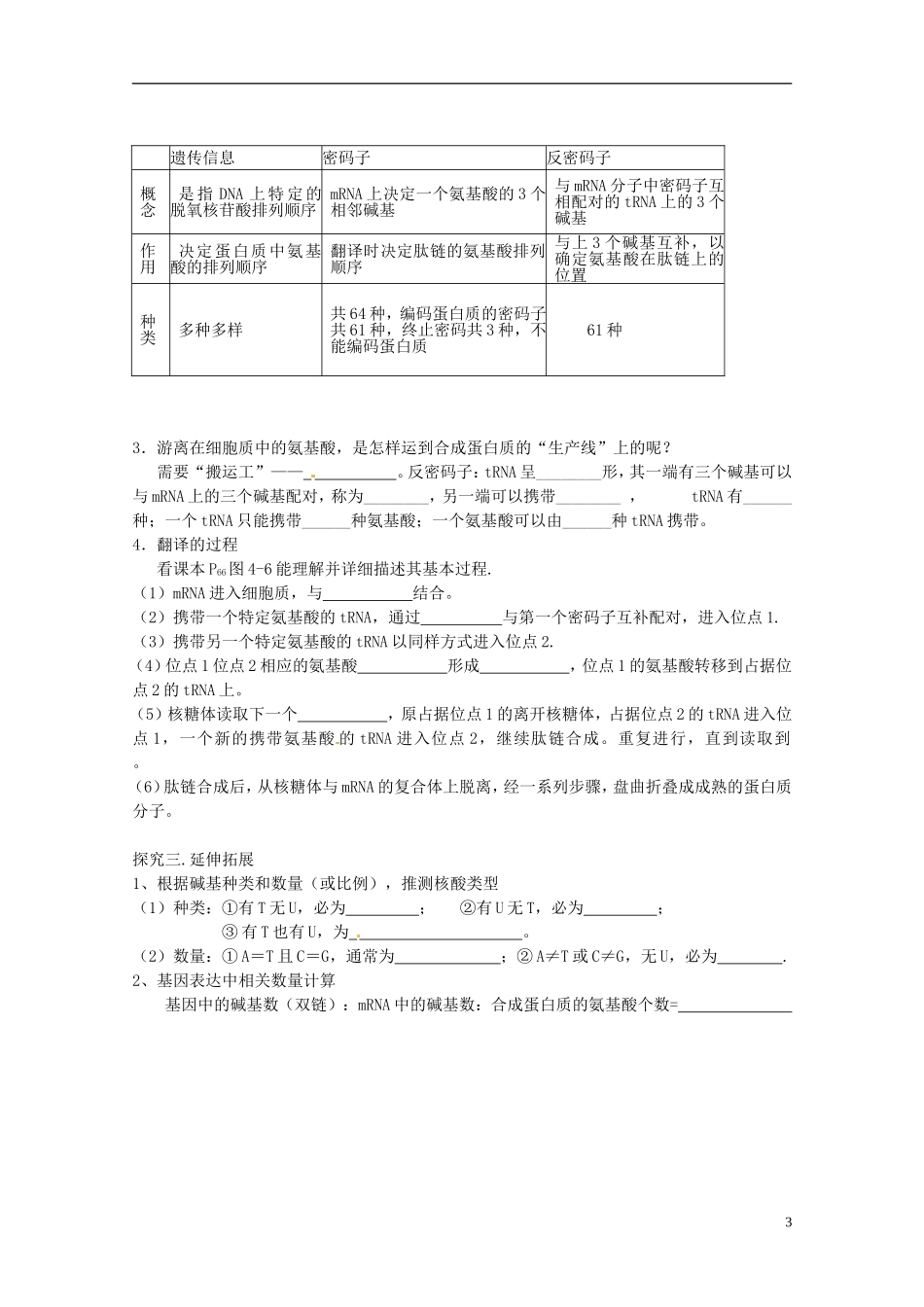 高中生物 4.1基因指导蛋白质的合成学案 新人教版必修2-新人教版高一必修2生物学案_第3页