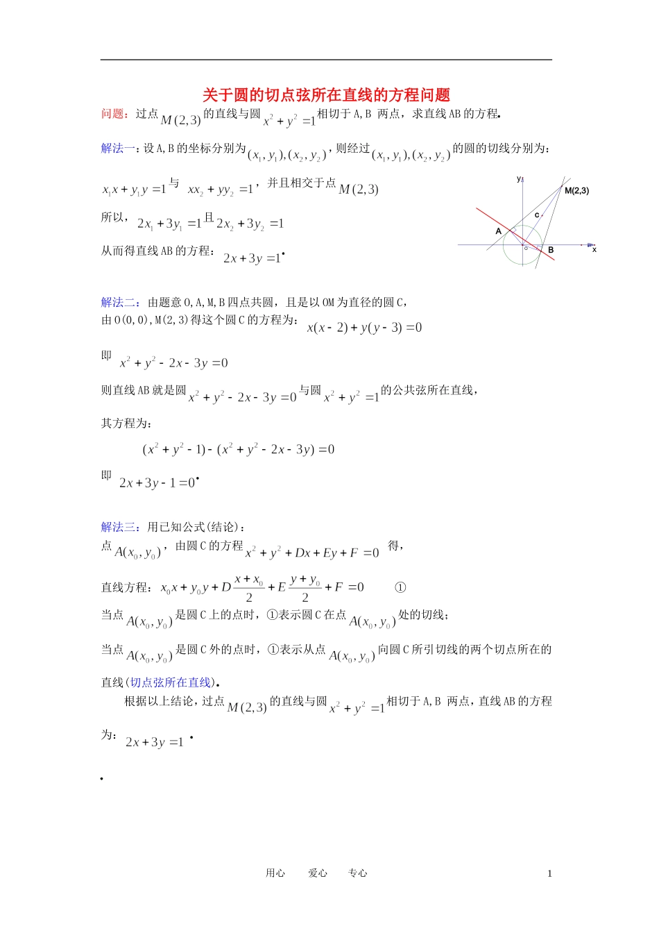 高考数学 切点弦（圆）的应用教案_第1页