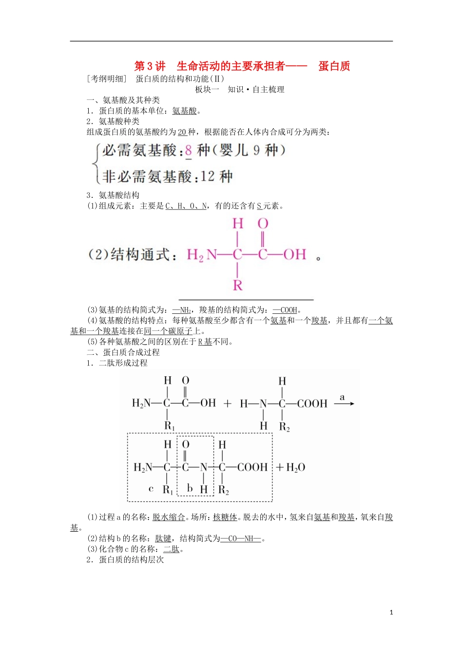 （全国版）高考生物一轮复习 第3讲 生命活动的主要承担者——蛋白质培优学案-人教版高三全册生物学案_第1页