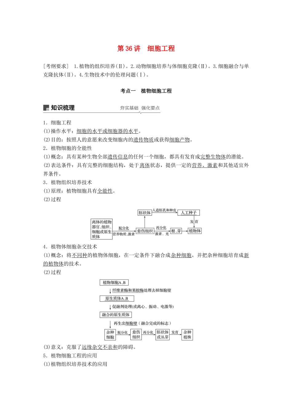 高考生物一轮复习 第十单元 现代生物科技专题 第36讲 细胞工程备考一体学案 苏教版-苏教版高三全册生物学案_第1页