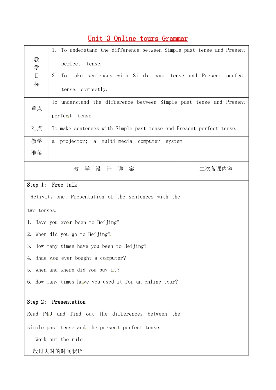 八年级英语下册 Unit 3 Online tours Grammar教案 （新版）牛津版-（新版）牛津版初中八年级下册英语教案_第1页