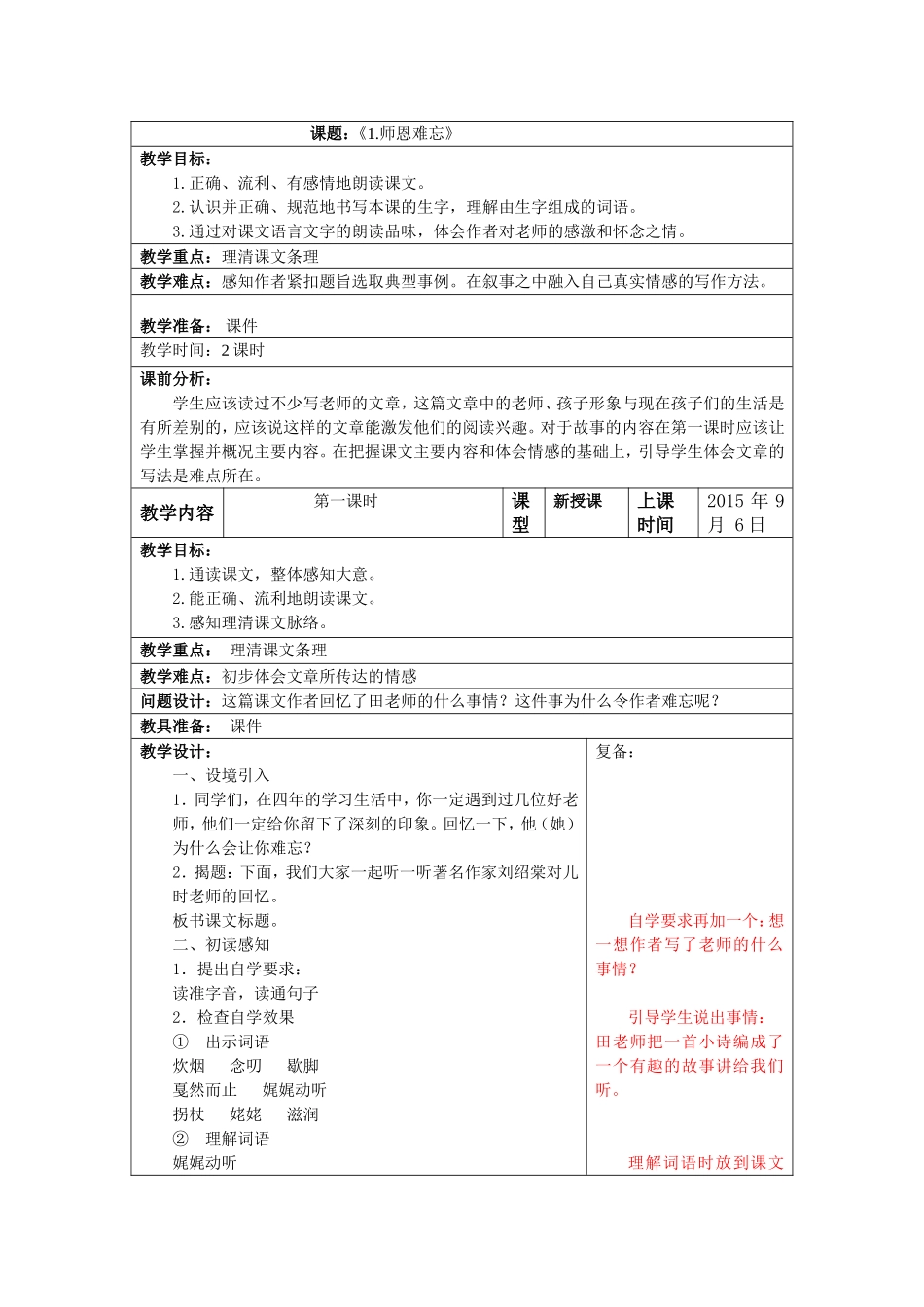 师恩难忘第一课时教学设计_第1页