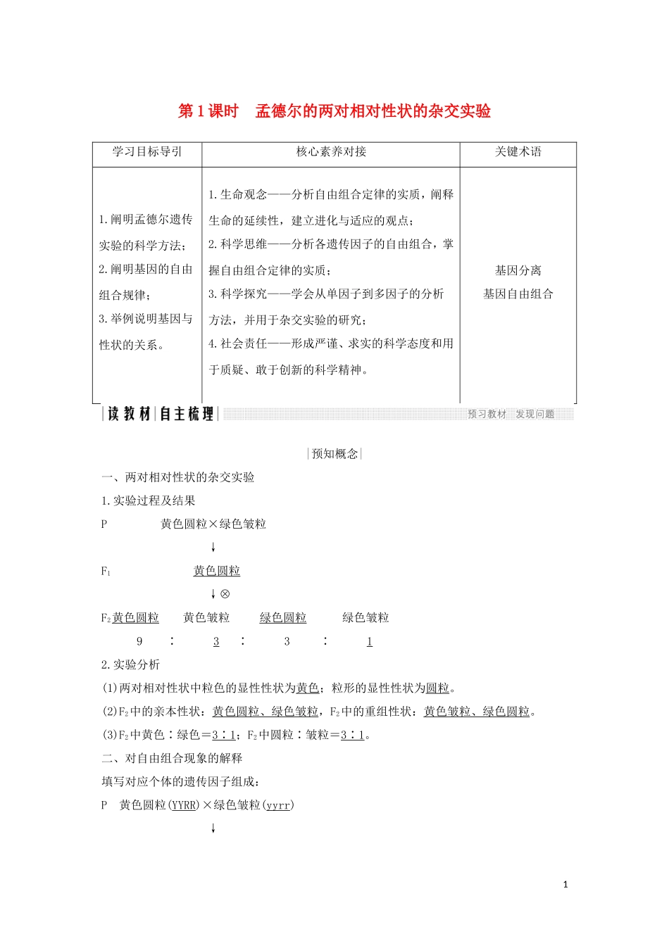 高中生物 第1章 遗传因子的发现 第2节 第1课时 孟德尔的两对相对性状的杂交实验学案 新人教版必修2-新人教版高一必修2生物学案_第1页