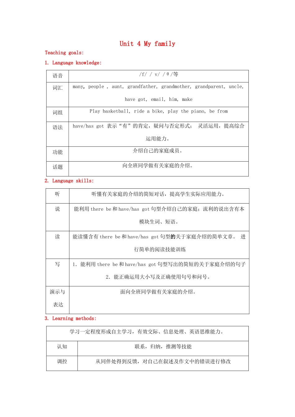 七年级英语上册 Module 4《My family》教案 外研版_第1页