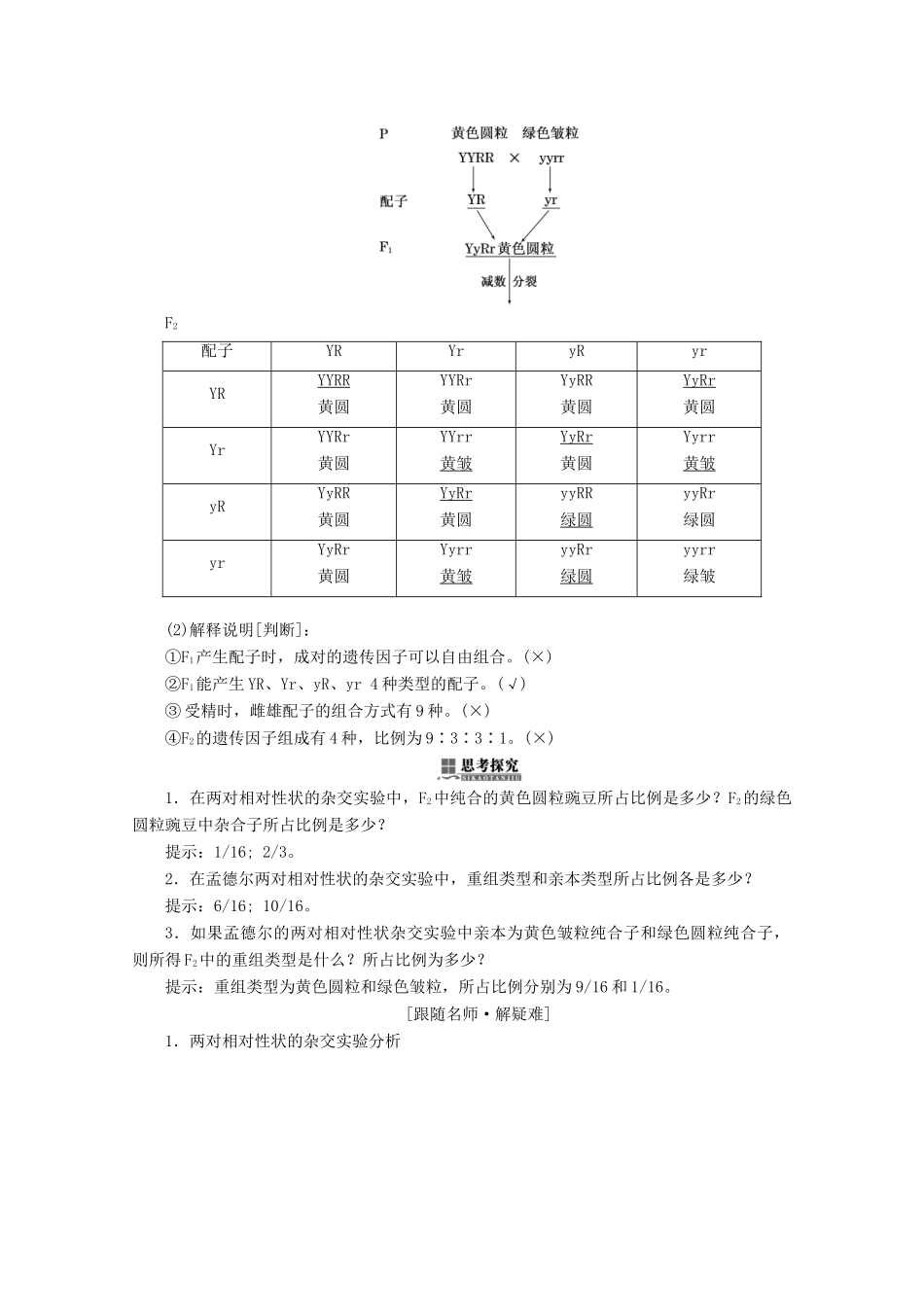高中生物 第1章 遗传因子的发现 第2节 孟德尔的豌豆杂交实验（二）学案 新人教版必修2-新人教版高一必修2生物学案_第2页
