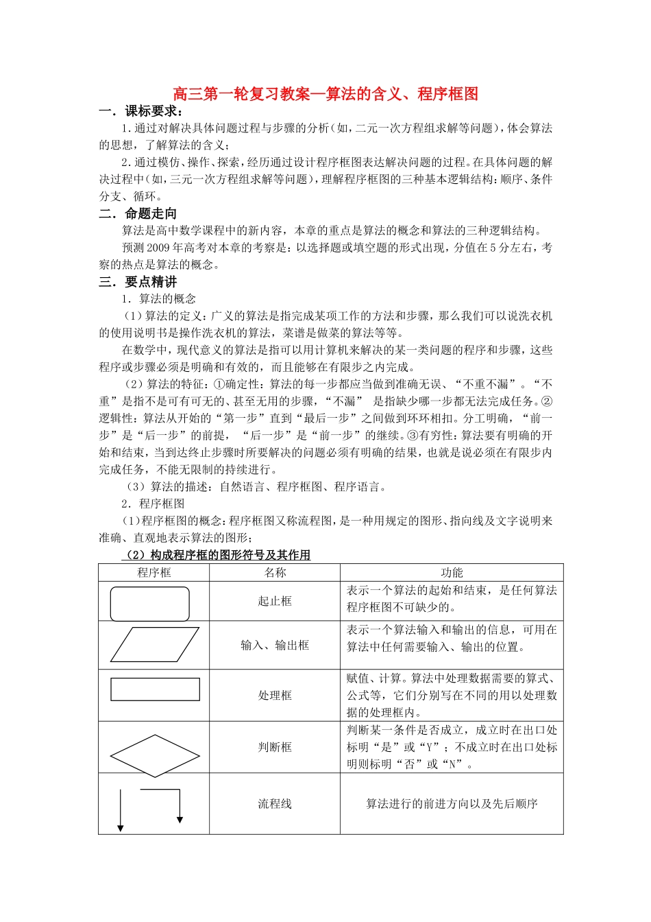 09高三数学第一轮复习教案—算法的含义、程序框图_第1页
