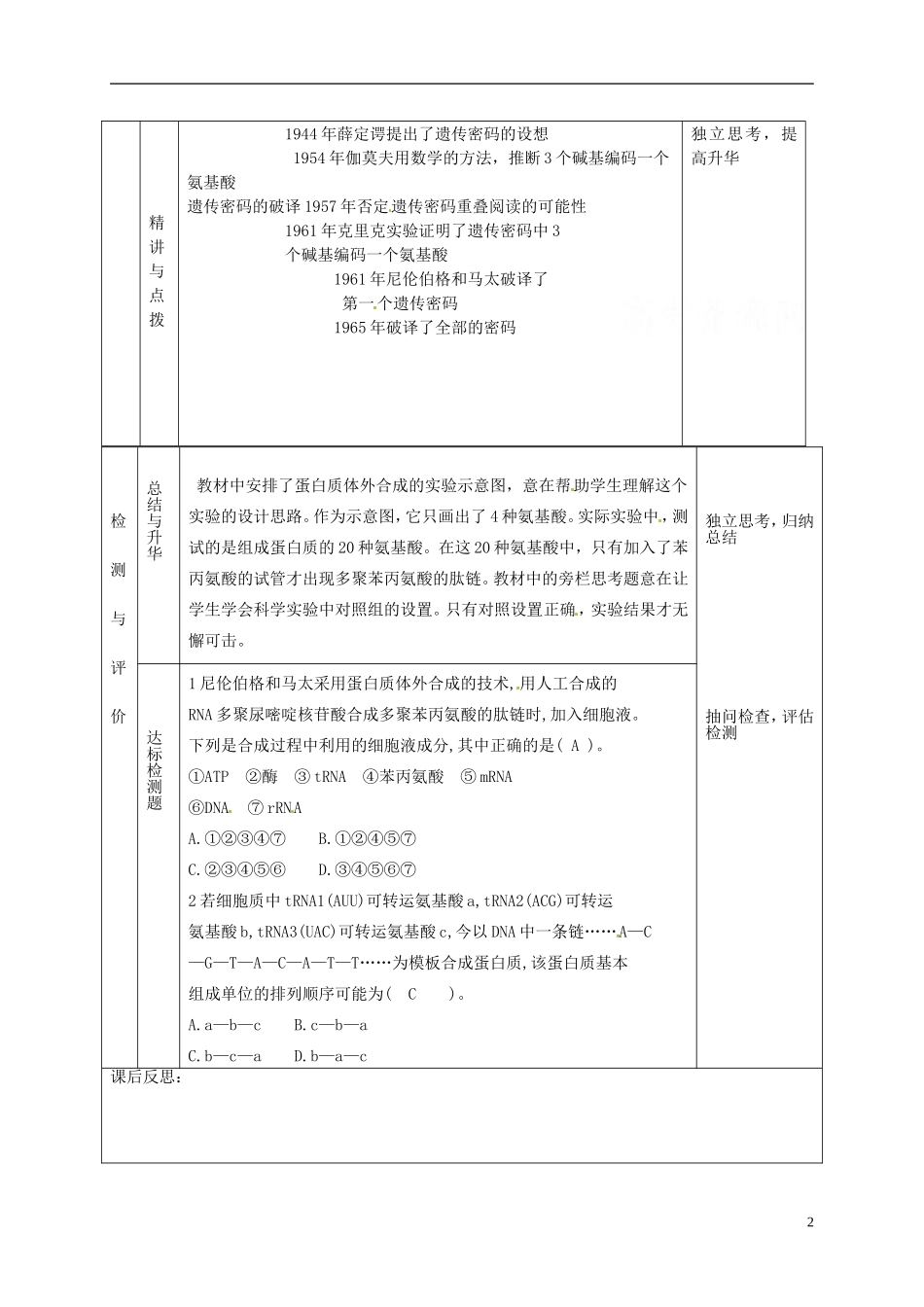 甘肃省金昌一中高考生物一轮复习 4.3 遗传密码的破译（选学）教学案 新人教版_第2页