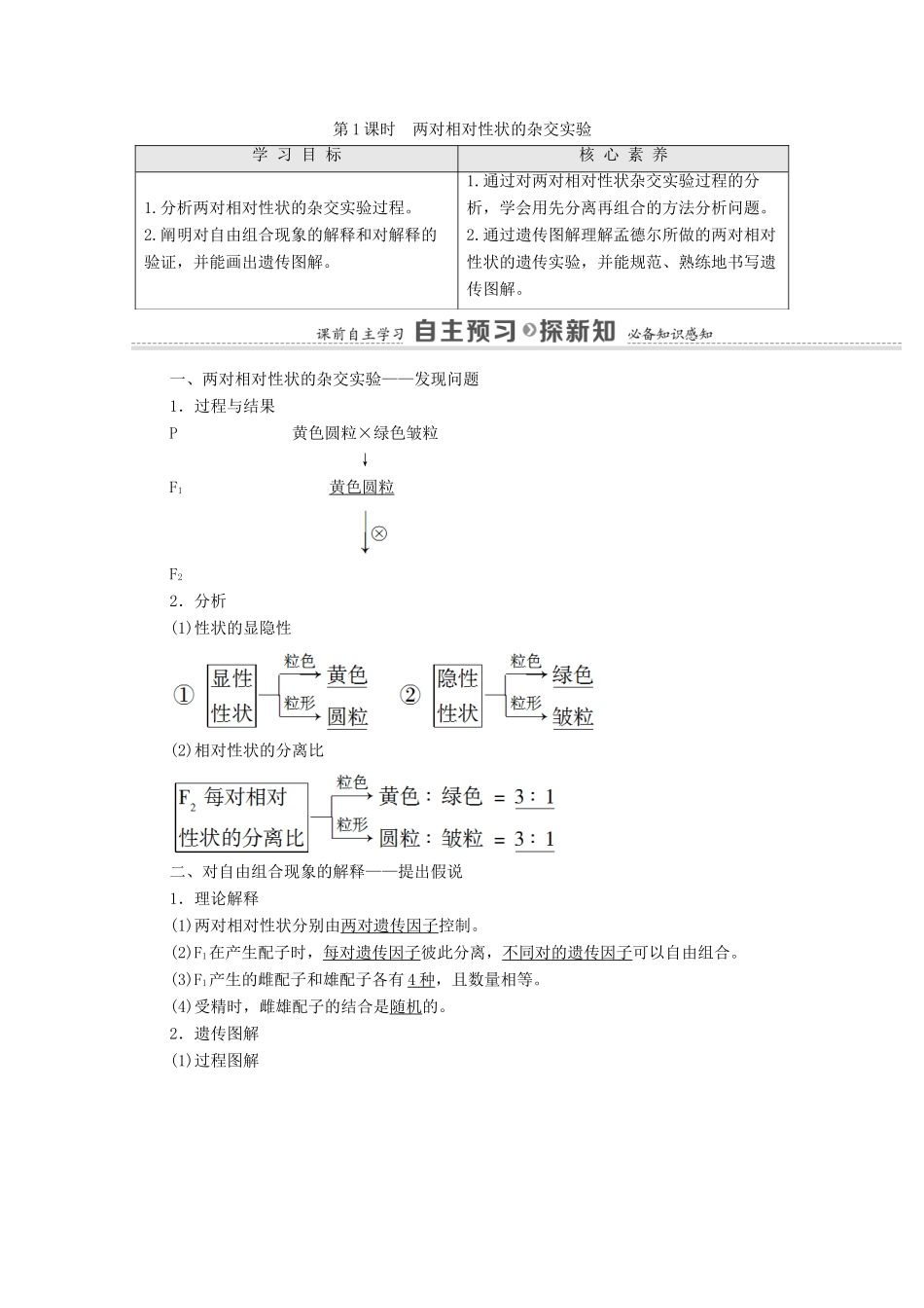 高中生物 第1章 遗传因子的发现 第2节 第1课时 两对相对性状的杂交实验学案 新人教版必修2-新人教版高中必修2生物学案_第1页