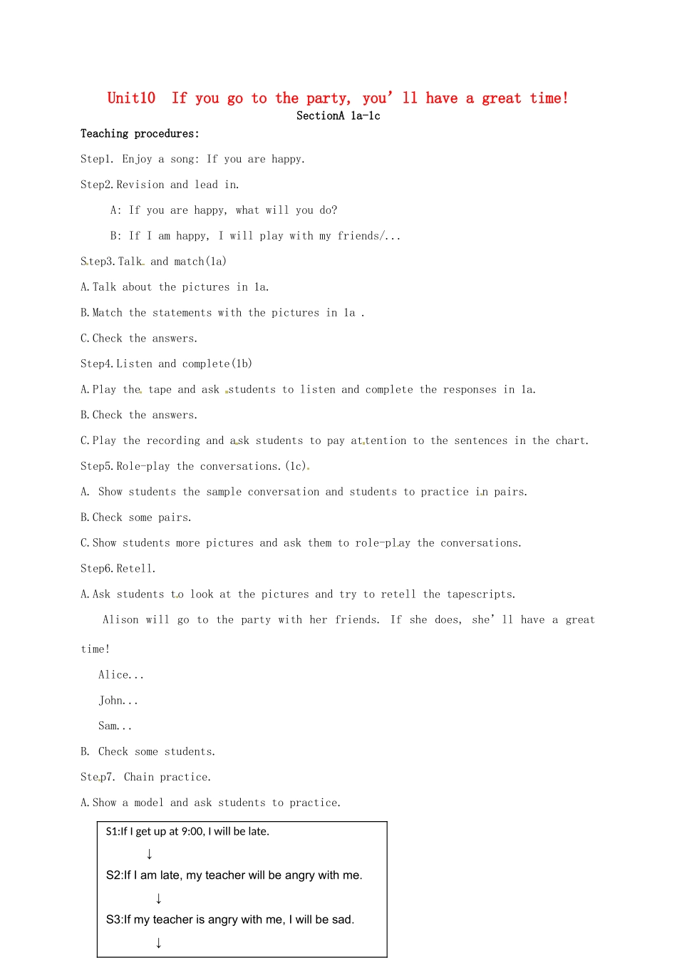 八年级英语上册 Unit 10 If you go to the party  you’ll have a great time Section A（1a-1c）教案 （新版）人教新目标版-（新版）人教新目标版初中八年级上册英语教案_第1页