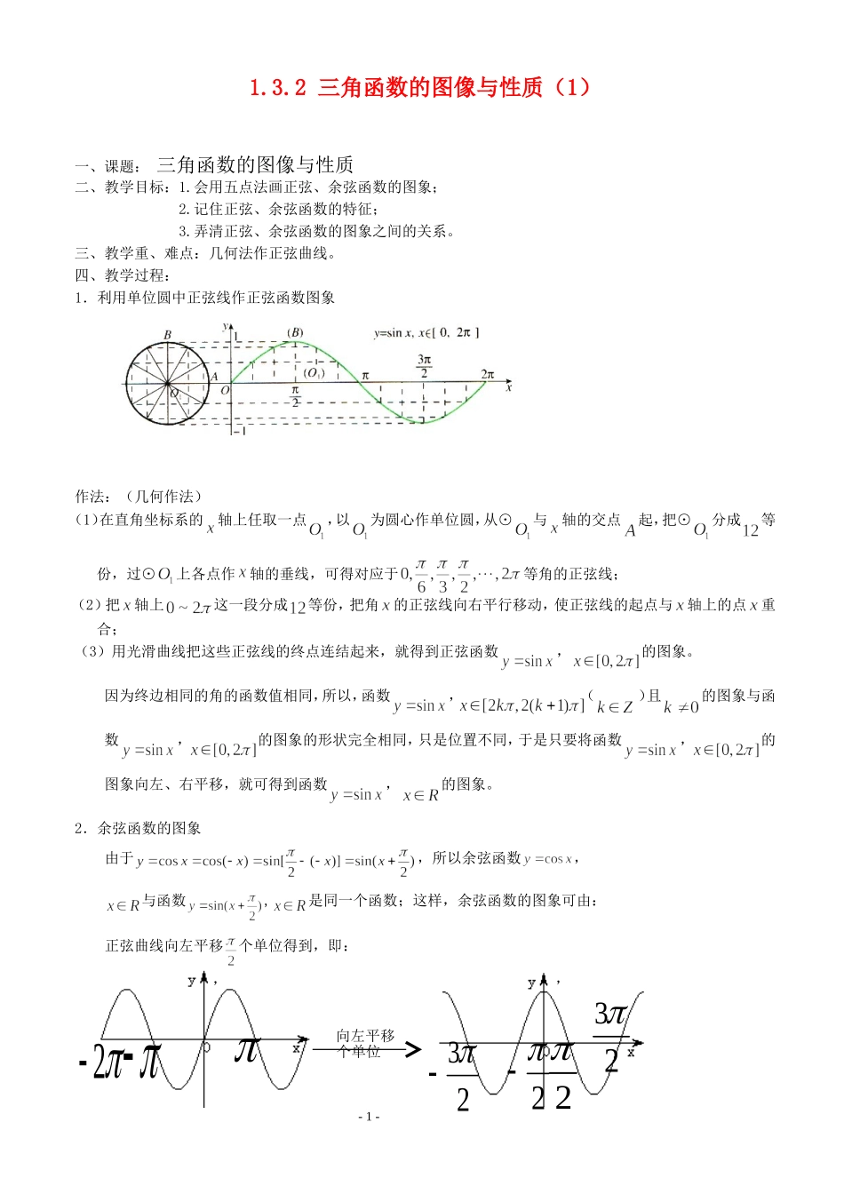 高三数学第1章 三角函数三角函数的图像与性质（1）—正弦余弦的图像教案苏教版必修4_第1页