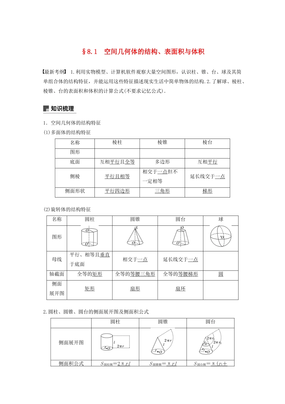 （鲁京津琼专用）高考数学大一轮复习 第八章 立体几何与空间向量 8.1 空间几何体的结构、表面积与体积教案（含解析）-人教版高三全册数学教案_第1页