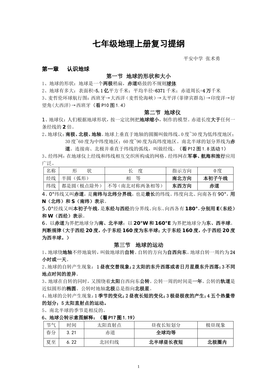 七年级地理上册复习提纲_第1页