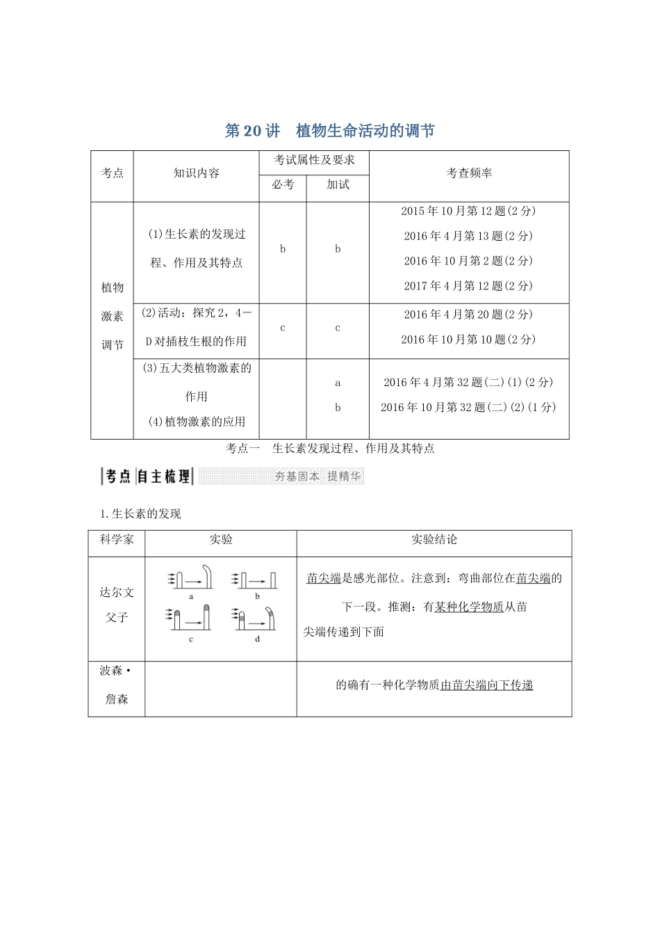 （浙江专版）高考生物一轮复习 第20讲 植物生命活动的调节学案-人教版高三全册生物学案_第1页