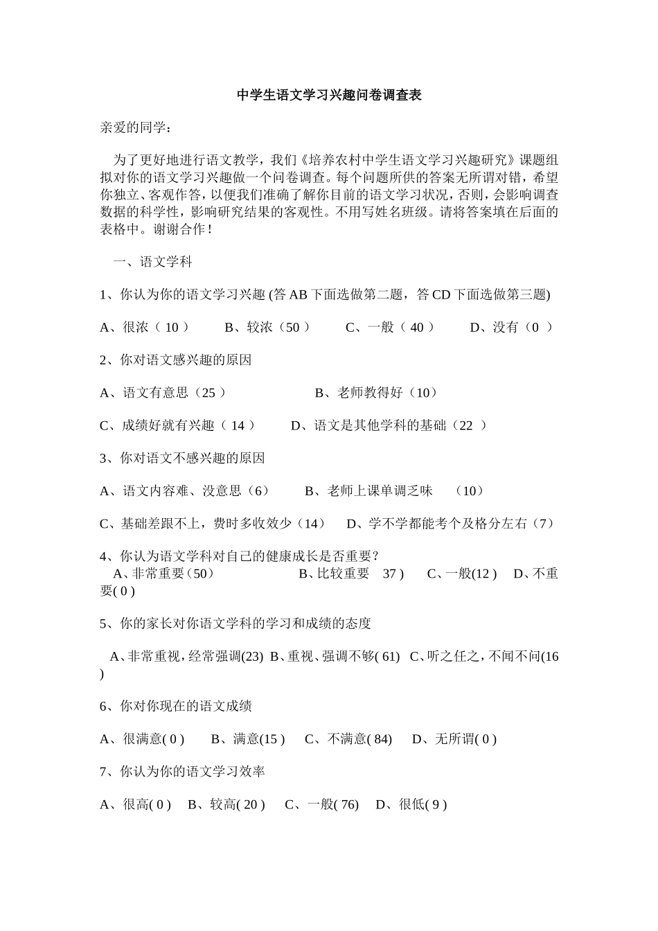 中学语文学习兴趣调查表_第1页