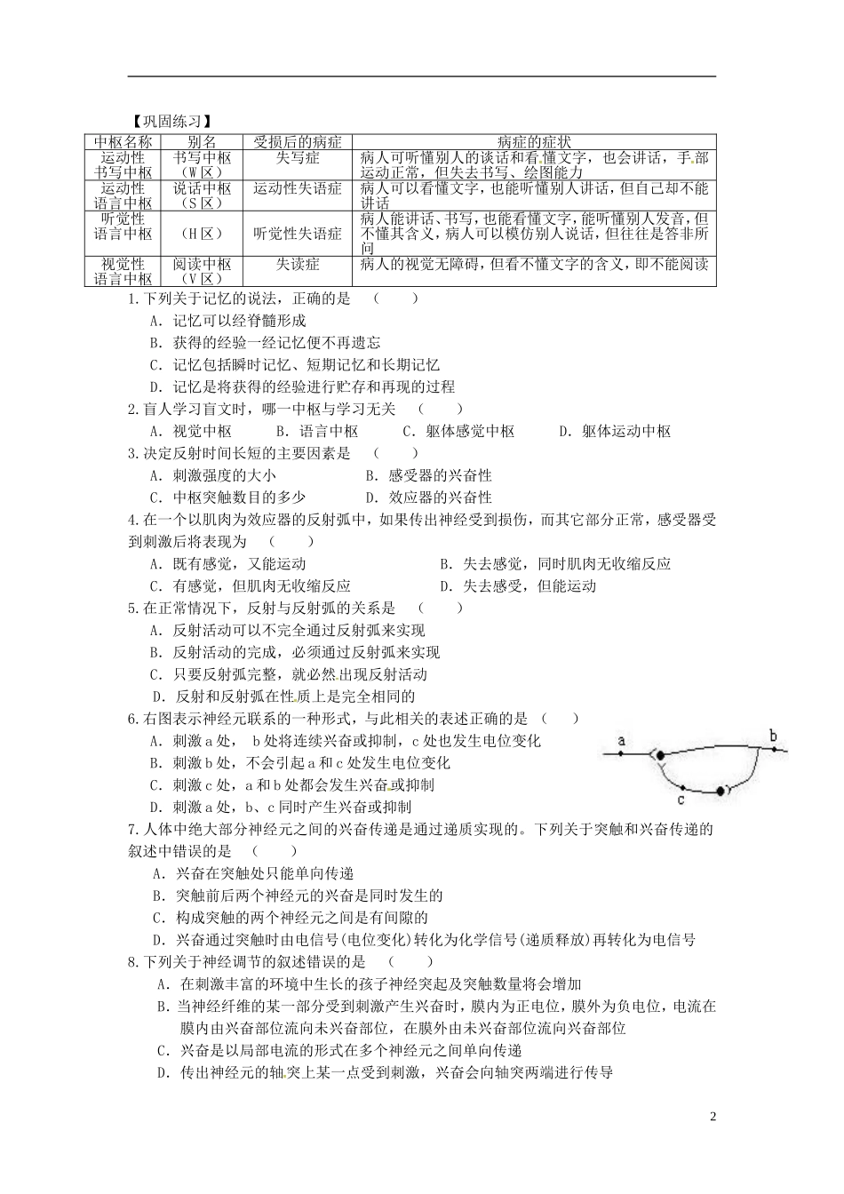高中生物 2.1通过神经系统的调节（2）学案 新人教版必修3-新人教版高二必修3生物学案_第2页