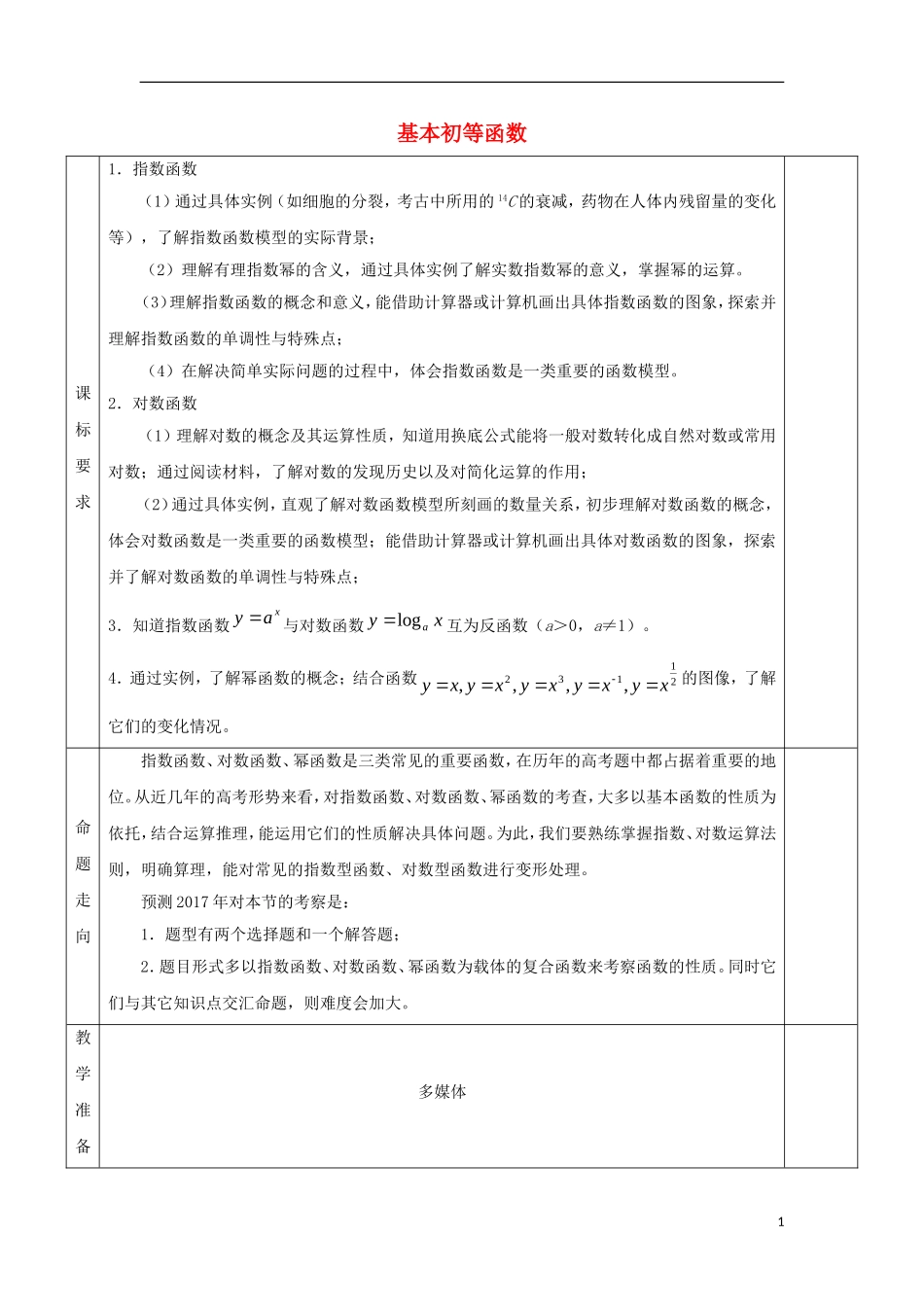 安徽省宿松县高三数学一轮复习 第6讲 基本初等函数教案-人教版高三全册数学教案_第1页