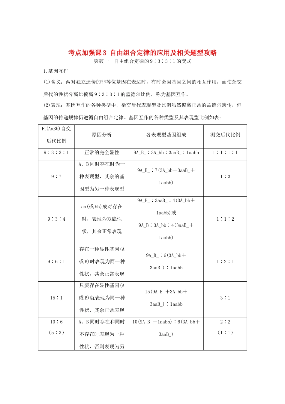 （浙江专版）高考生物一轮复习 考点加强课3 自由组合定律的应用及相关题型攻略学案-人教版高三全册生物学案_第1页
