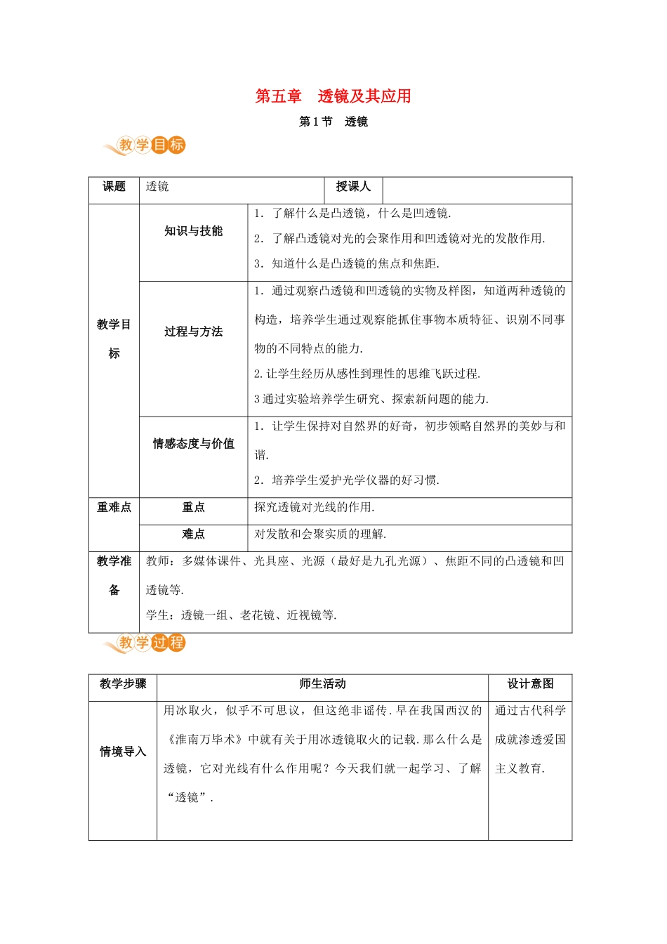 八年级物理上册 第五章 透镜及其应用 第1节 透镜教案 （新版）新人教版-（新版）新人教版初中八年级上册物理教案_第1页