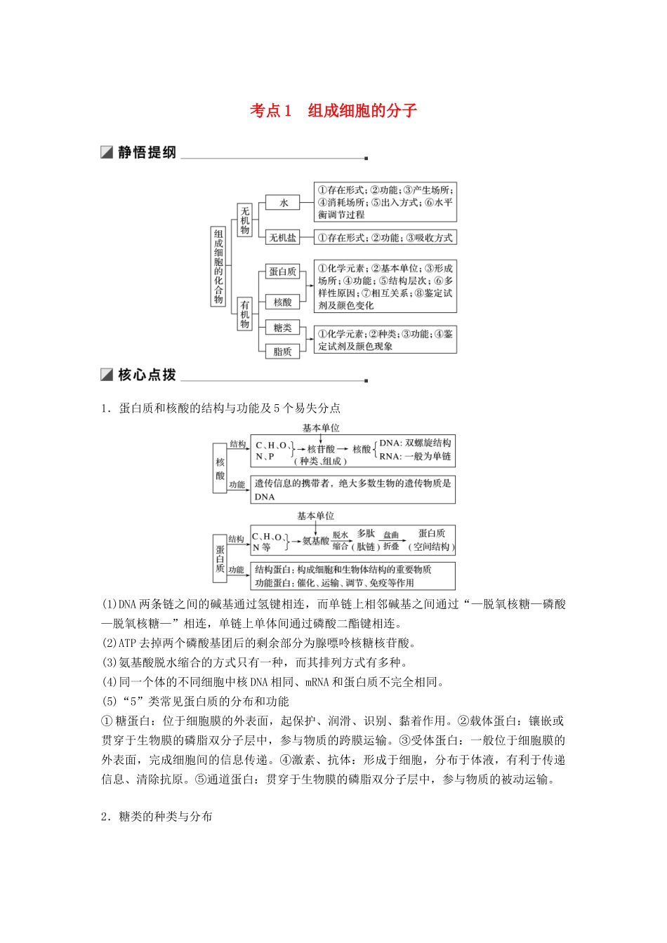 （江苏专版）高考生物二轮增分策略 专题一 细胞的分子组成和基本结构 考点1 组成细胞的分子学案-人教版高三全册生物学案_第1页
