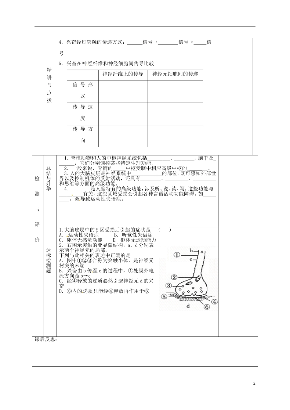 甘肃省金昌市第一中学高中生物 2.1 通过神经系统的调节（第2课时）导学案 新人教版必修3_第2页