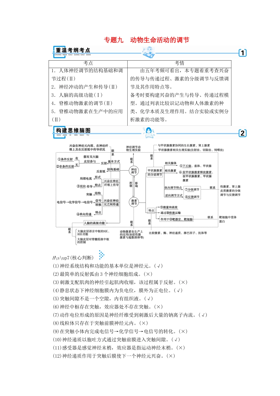 高考生物大二轮复习 专题九 动物生命活动的调节学案-人教版高三全册生物学案_第1页