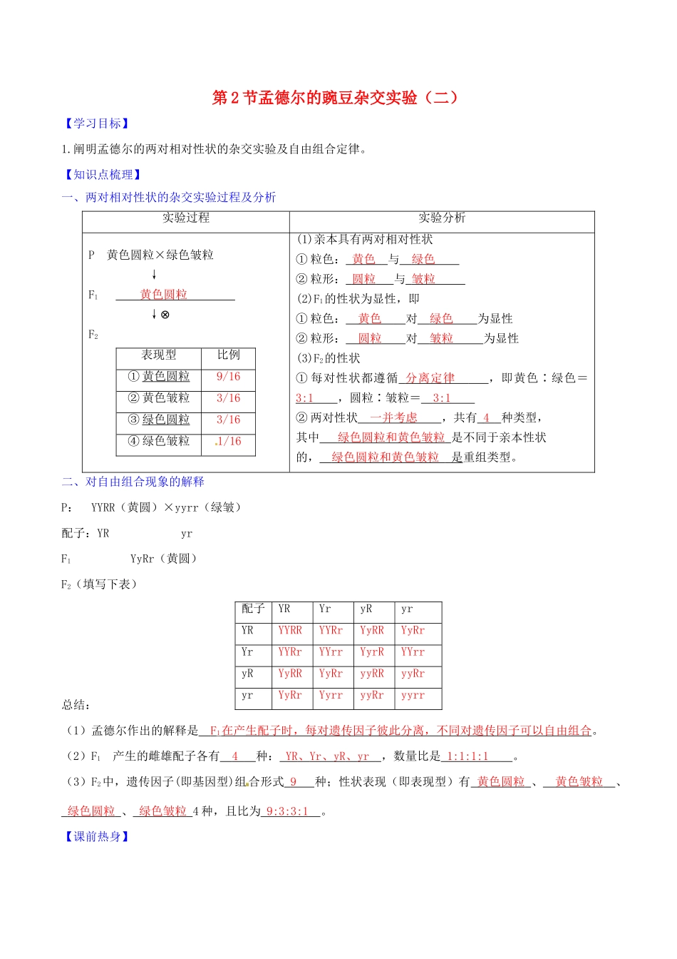 高中生物 第1章 第2节 孟德尔豌豆杂交实验（二）（第1课时）学案 新人教版必修2-新人教版高一必修2生物学案_第1页