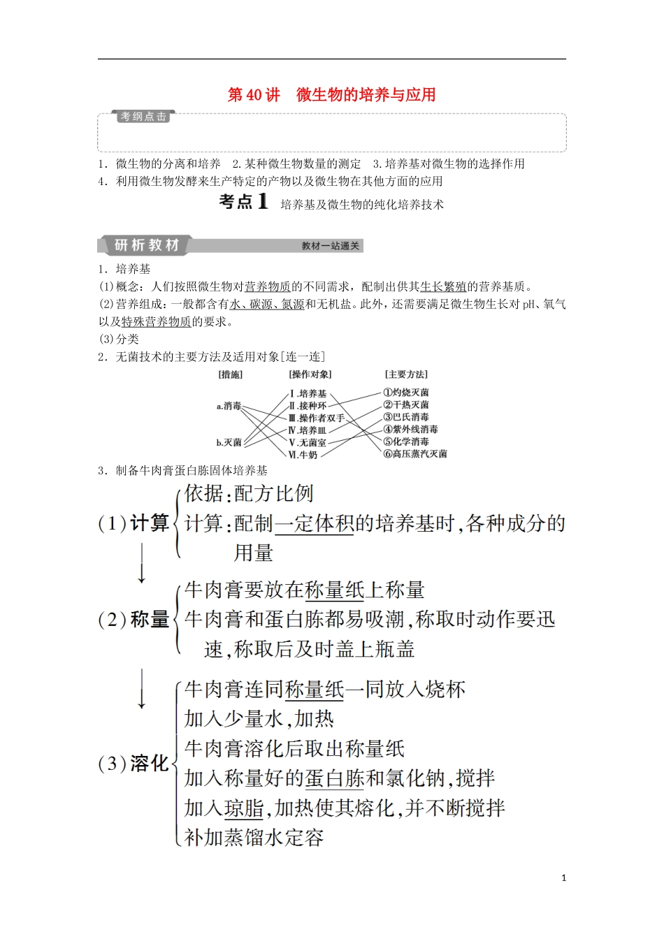 高考生物一轮复习 第十二单元 生物技术实践 第40讲 微生物的培养与应用学案-人教版高三全册生物学案_第1页