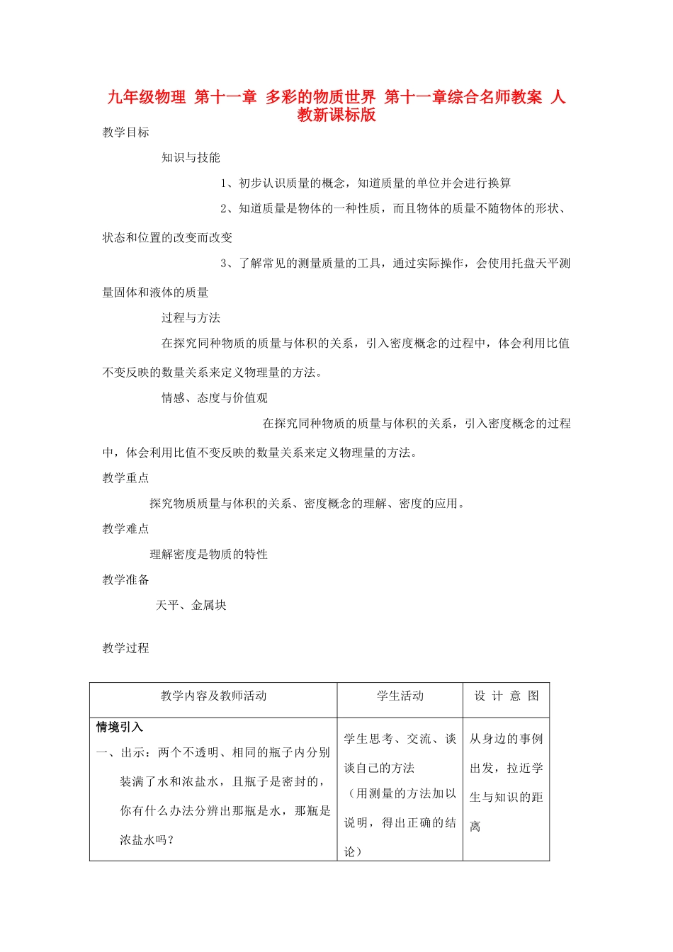 九年级物理 第十一章 多彩的物质世界 第十一章综合名师教案 人教新课标版_第1页