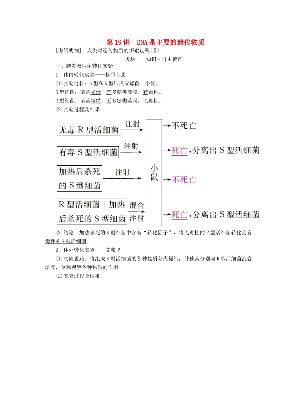 （全国版）高考生物一轮复习 第19讲 DNA是主要的遗传物质培优学案-人教版高三全册生物学案_第1页
