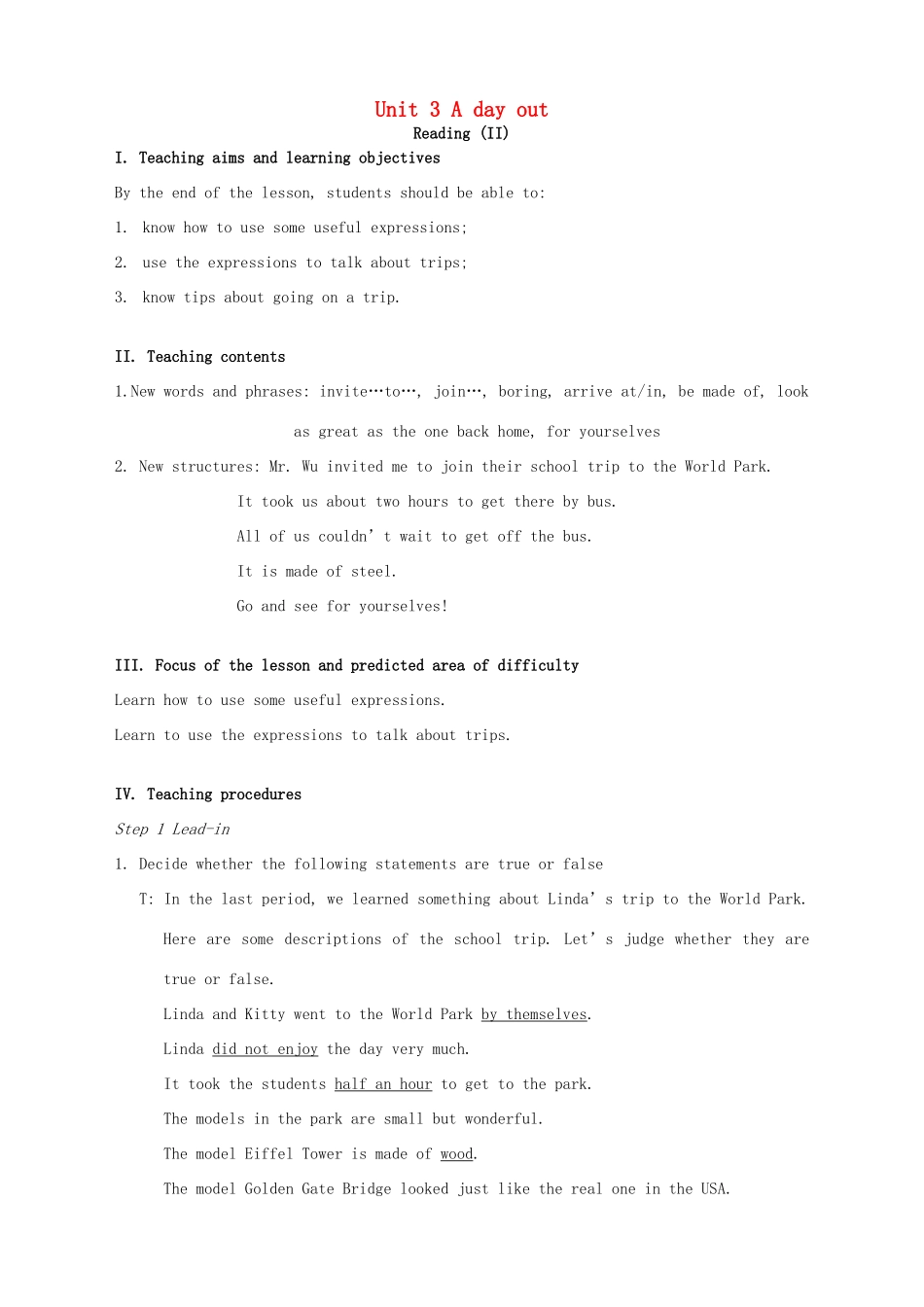 八年级英语上册 Unit 3 A day out Reading II教案 （新版）牛津版-（新版）牛津版初中八年级上册英语教案_第1页