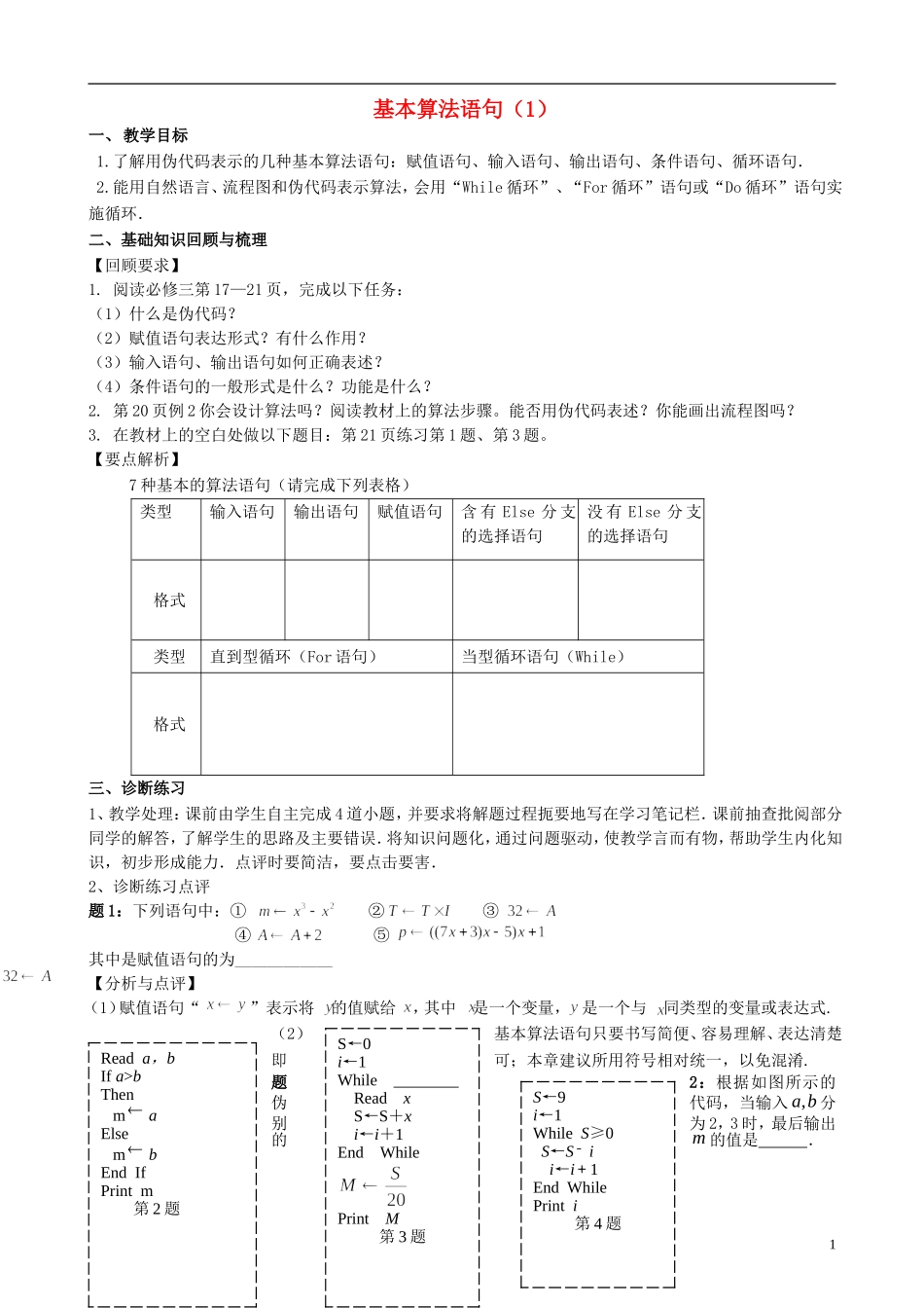 高考数学一轮复习 第十一章 算法初步 第75课 基本算法语句（1）教案-人教版高三全册数学教案_第1页